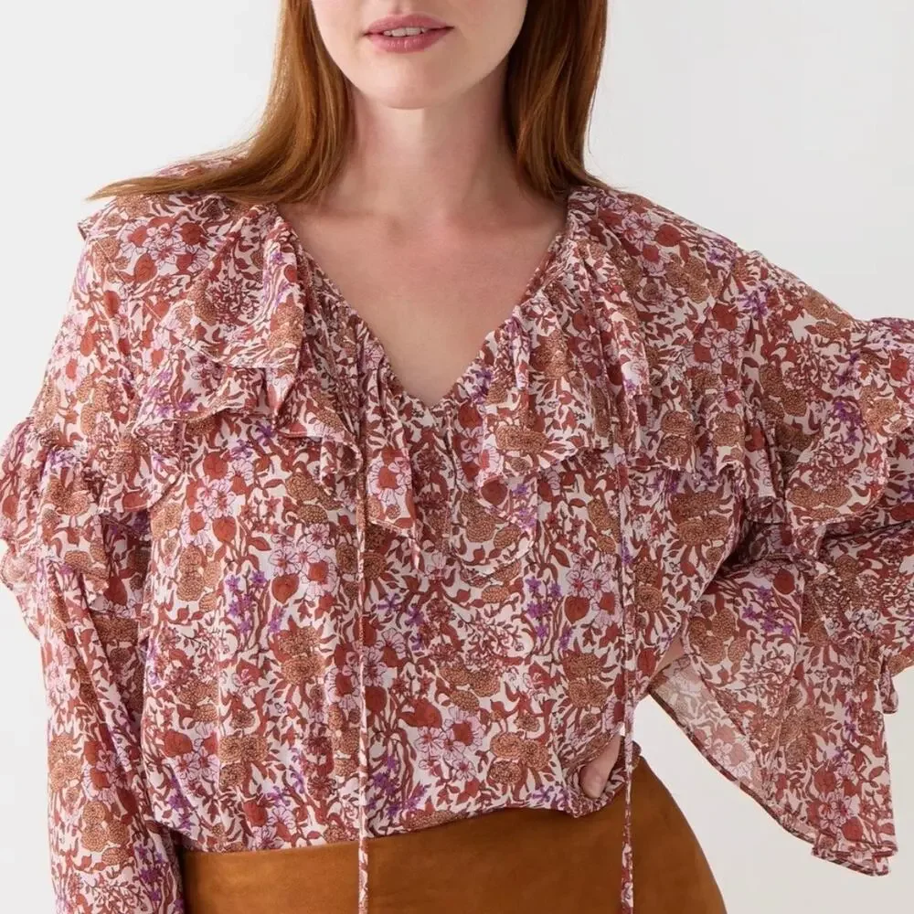 J. Crew Crinkle Chiffon Floral Fete Ruffle Bell Long Sleeve V-Neck Blouse MEDIUM - Picture 3 of 11